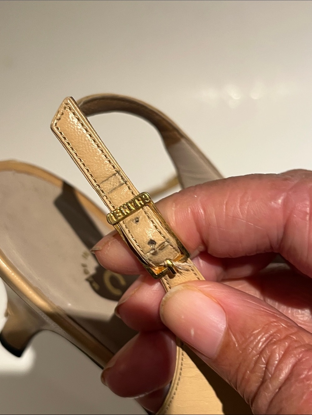 CHANEL Beige Leather Slingback Heels with Black Quilted Toe - Picture 7 of 11
